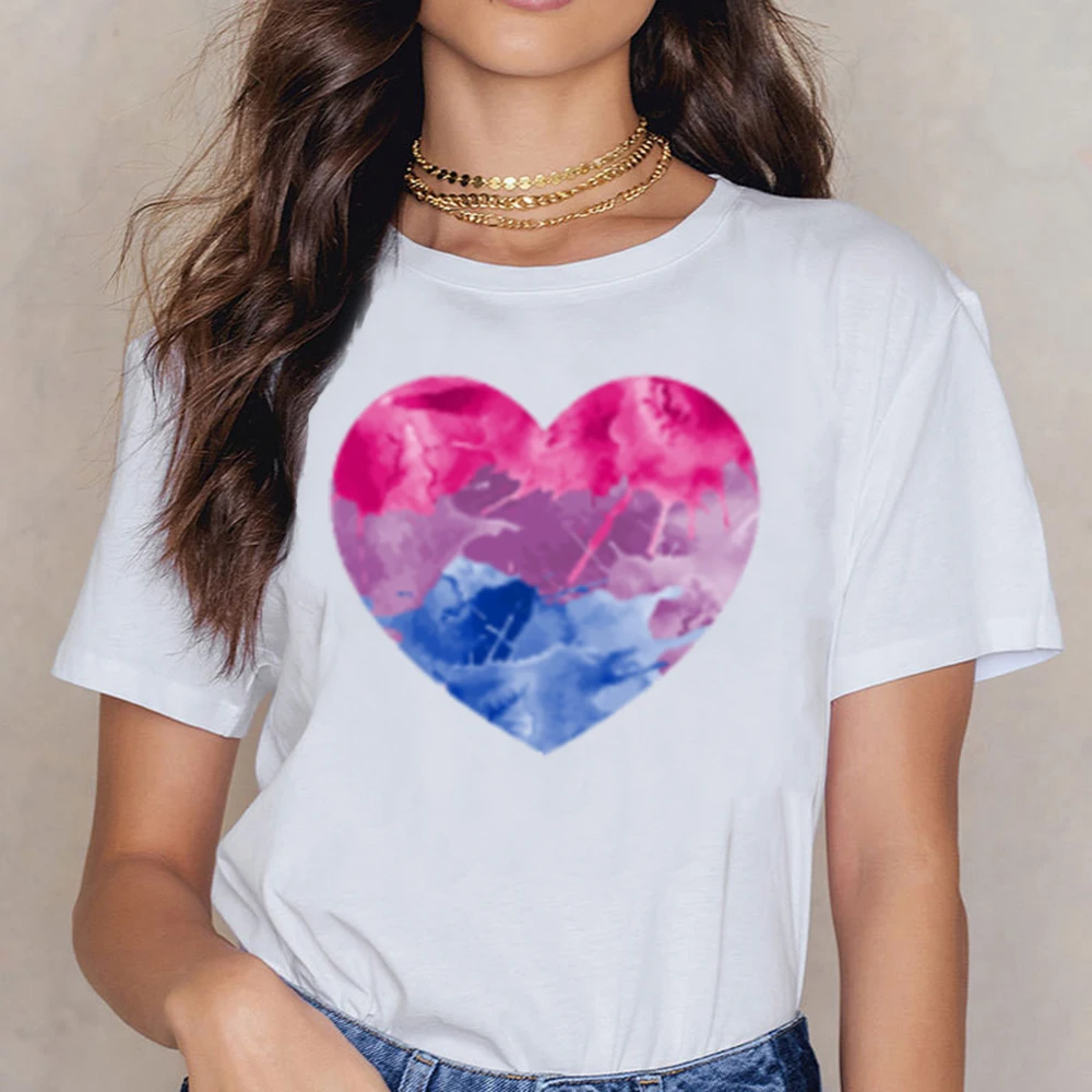 

Tops T Shirt Women Gay Pride Lgbt Bisexual Bi Painted Heart Design Basic Black Short Female Shirt