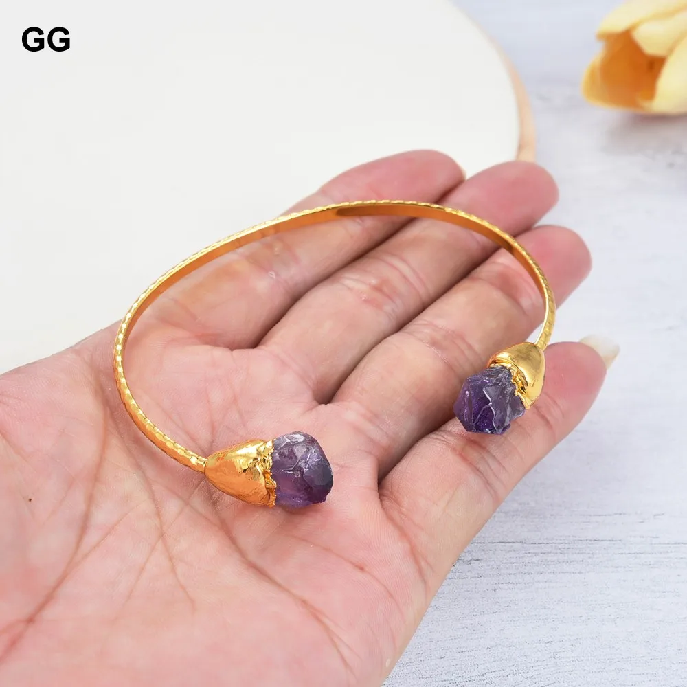 GuaiGuai Jewelry Natural Purple Amethyst Rough 24 K Yellow Golde Plated Bangle Bracelet