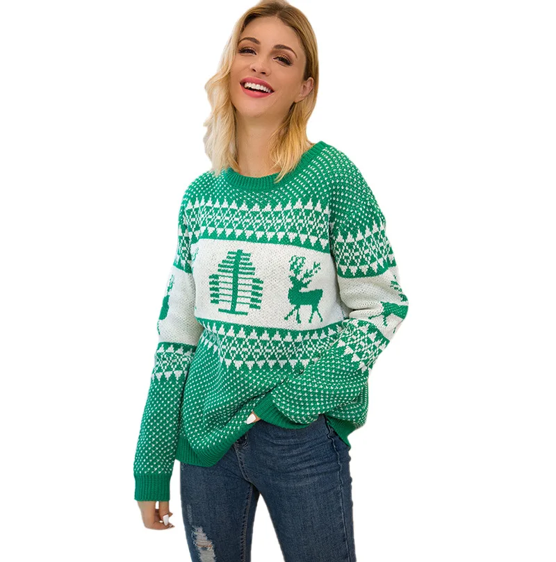

2020 Autumn and Winter New European and Beautiful Christmas Sweater Geometric Elk Jacquard Sweater Casual O-Neck Pullovers Red