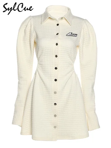2021 Winter New Product Cute Little Fresh Casual Niche Sweet Self-Cultivation Buttoned Lapel Long-Sleeved Dress
