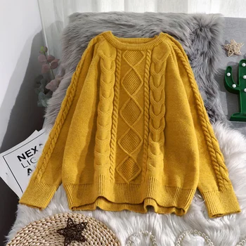 

Round neck sweater women's pullover autumn winter new loose and lazy retro twist base sweater outer wear