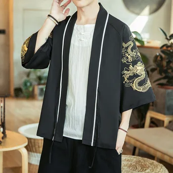 

Jacket Man Black Chinese Style Three Quarter Sleeve Printting Gold Dragon Casual Pattern Loose 2020 Summer