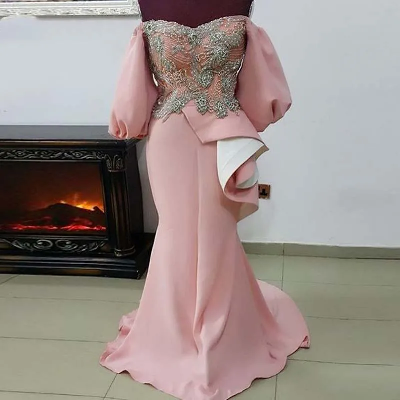 

Pink Mermaid Evening Dresses Puffy Full Sleeves Sparkle Crystal Off Shoulder Prom Gowns Ruffles Plus Size Vestidos De Festa 2020