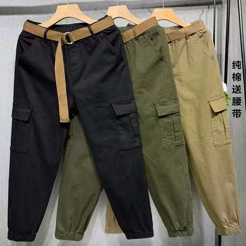 

2023 Popular Pure Cotton Overalls Black Female Cargo Pants Leisure Loose High Waist Ankle Length Jogger Pants