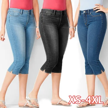 

Woman's Jeans Black Denim Pants Ladies Cropped Trousers Skinny Knee Length Jeans Women Elastic High Waist Mom Jeans Plus Size