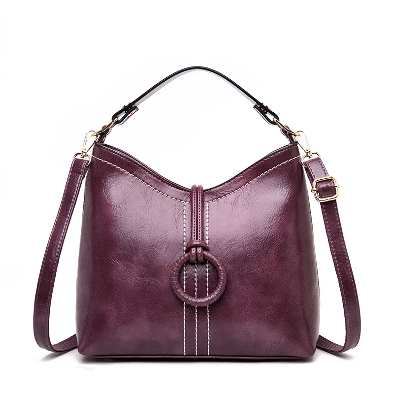 

2019 New Middle-aged Retro Simple Fashion Portable Bucket Bag Oil Wax Leather Waterproof Women's Shoulder Bag