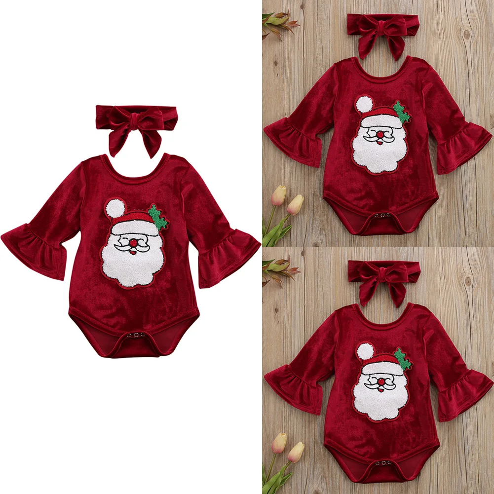 Newborn Kids Baby Girl Red Xmas Jumpsuit Santa Claus Pattern Bodysuit Flare Sleeves Headband Clothes Outfits