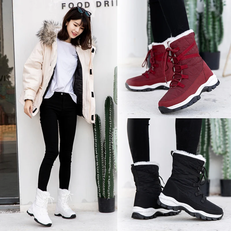 Зимние ботинки; женские теплые меховые зимние ботинки с плюшевой стелькой для походов; ботильоны из флока на квадратном каблуке; женская обувь на шнуровке