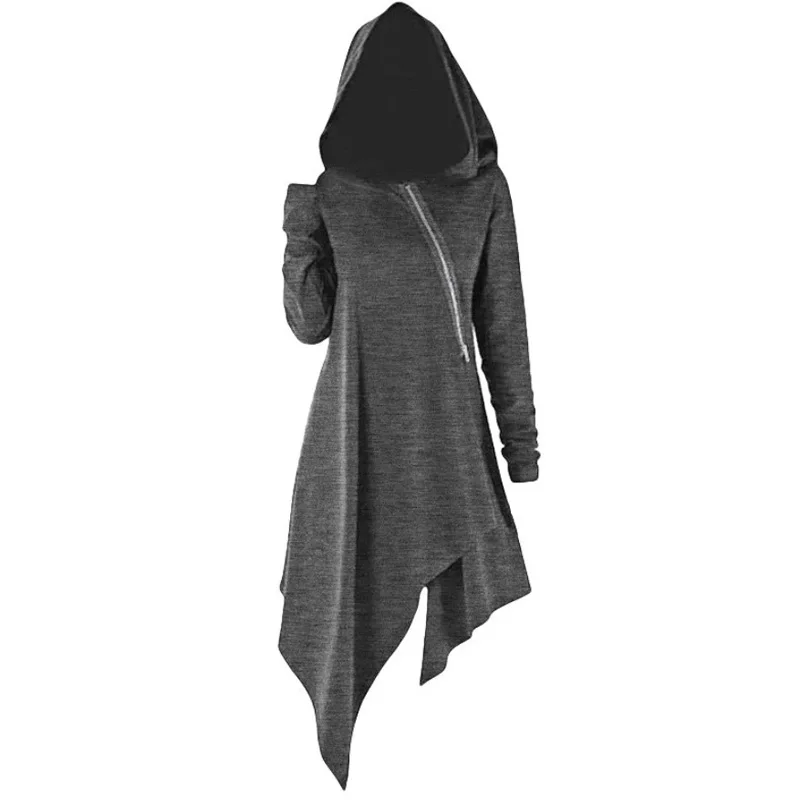  Women Hooded sweatshirt Irregular Hem Tops Pullover Jumper Vintage Long Sleeve Solid Color zipper a