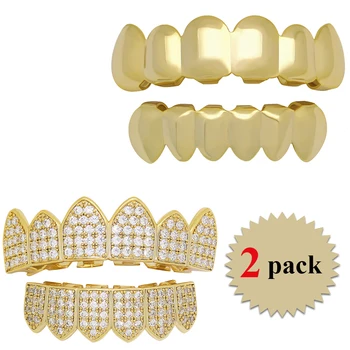 

2 Sets/pack Hip Hop Micro Pave CZ Grillz Iced Out Gold Silver Color Teeth Grills Caps Top Bottom Grill Set Unisex Tooth Jewelry