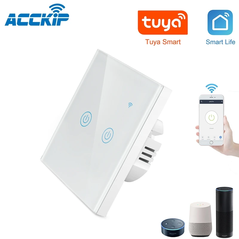White 2 Gang ACCKIP умный светильник сенсорный выключатель Стекло Панель 1/2/3 WiFi светильник Переключатель ЕС Стандартный приложение Управление Беспроводной умный дом переключатель - Цвет: White 2 Gang