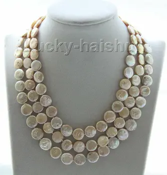 

adjustable 15.5"-17.5" 3row 11mm coin fastener champagne pearls necklace AAAAAAAA Free shipping