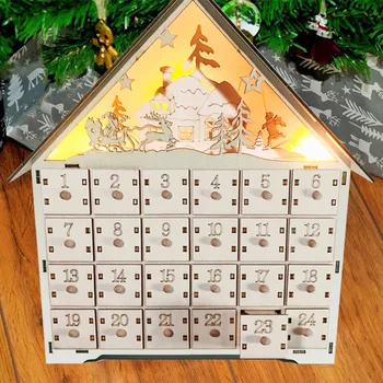 

Wooden Box Family Christmas Ornament Countdown Advent Calendar LED Light Desktop Decor Deer Drawer Gifts House Santa Claus DIY
