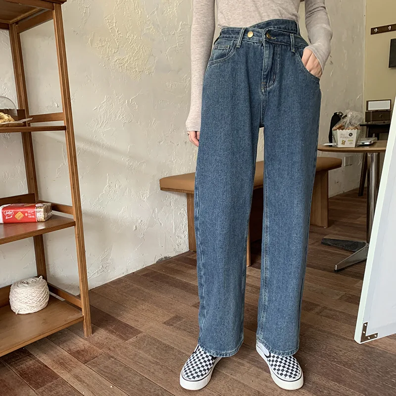 

Irregular high waist fleece straight mopping jeans women 2020 winter Korean fashion wide-leg pants
