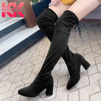 

KemeKiss Plus Size 34-45 Women Over The Knee Boots Winter Warm Fashion Lace Up High Heels Stretch Shoes Thigh High Boots Women