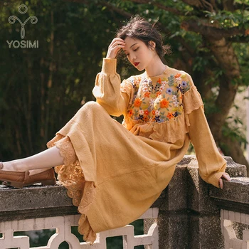 

YOSIMI 2019 Autumn Winter Full Sleeve Maxi Embroidery Long Women Dress Stand-neck Elasticity Sweater Dresses Female Vestidos