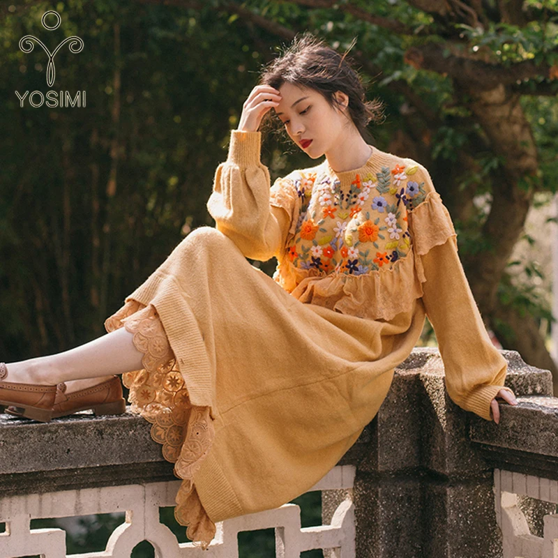 Yosimi 2019 Herfst Winter Volledige Mouw Maxi Borduren Lange Vrouwen Jurk Stand-Hals Elasticiteit Trui Jurken Vrouwelijke Vestidos Yosimi 2019 Herfst Winter Volledige Mouw Maxi Borduren Lange Vrouwen Jurk Stand-Hals Elasticiteit Trui Jurken Vrouwelijke Vestidos