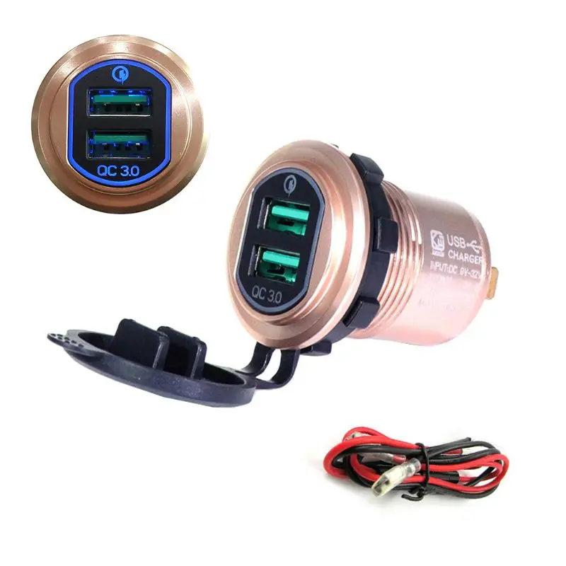 Gold Blue light Алюминий мотоцикла лодка 12 V/24 V QC 3,0 устройство для автомобиля с двумя портами USB Зарядное устройство Мощность адаптер для смартфонов и планшетов gps - Название цвета: Gold Blue light