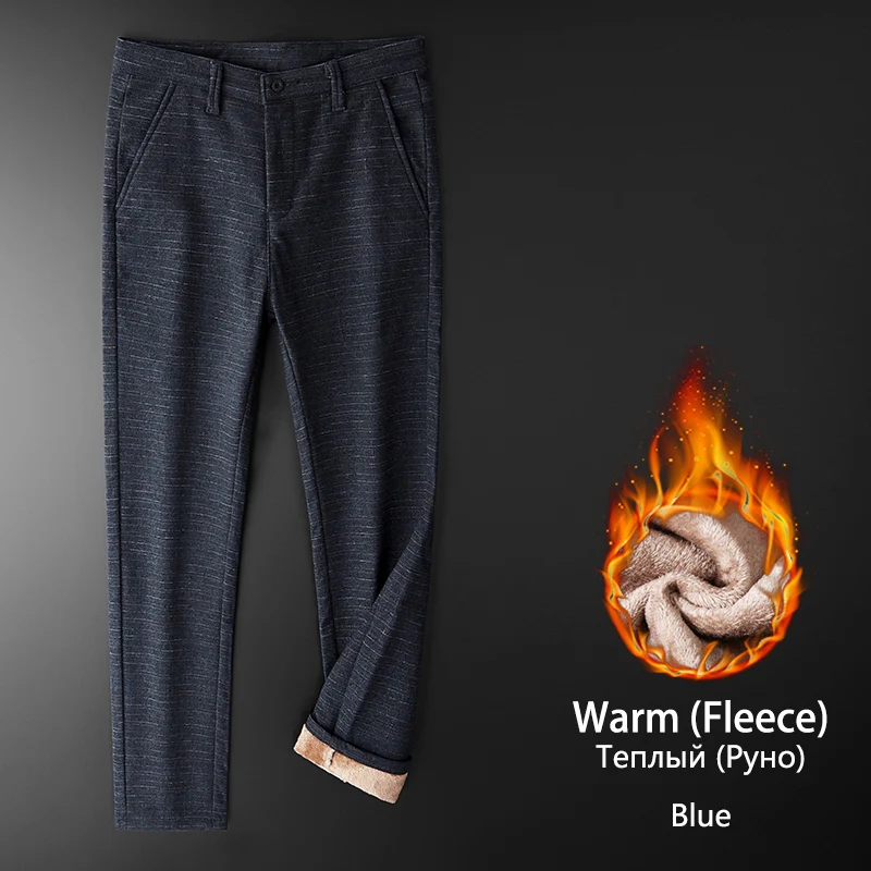 Мужские Зимние флисовые утепленные повседневные штаны, мужские деловые прямые эластичные плотные клетчатые хлопковые черные брюки, мужской размер 38 - Цвет: Blue-Fleece