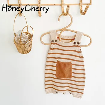 

2020 Autumn Striped Style with Pockets Strap Romper Baby Knitted Wool One-Piece Suit Baby Romper