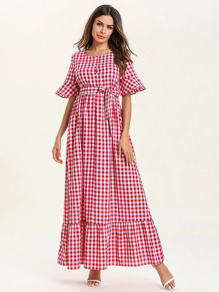R Abaya Turkish Simple Fashion Plaid Stitching Thin Ruffled Short Sleeve Summer And Autumn Robes Loose Mumulmane Femme Dress