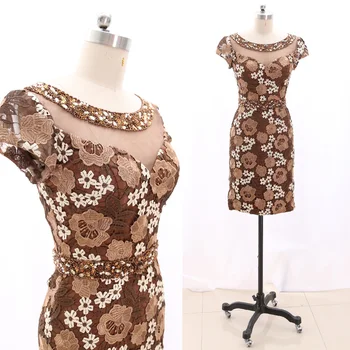 

MACloth Dark Brown Pencil O Neck Knee-Length Short Crystal Lace Prom Dresses Dress S 267267 Clearance