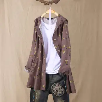 

Spring Long Sleeve Blouse ZANZEA Casual Hooded Long Shirt Vestidos Women Vintage Cartoon Cat Print Cotton Tunic Tops Female Robe