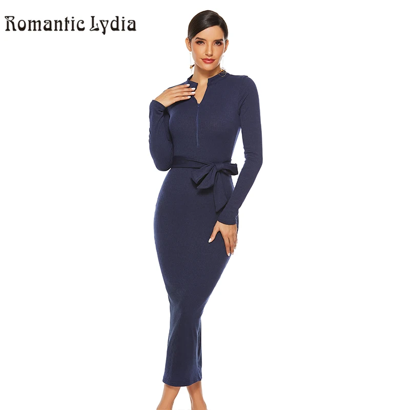 

Women Winter Knitted Sweater Dress Ladies Long Sleeve Zipper Slash Bodycon Party Midi Dresses