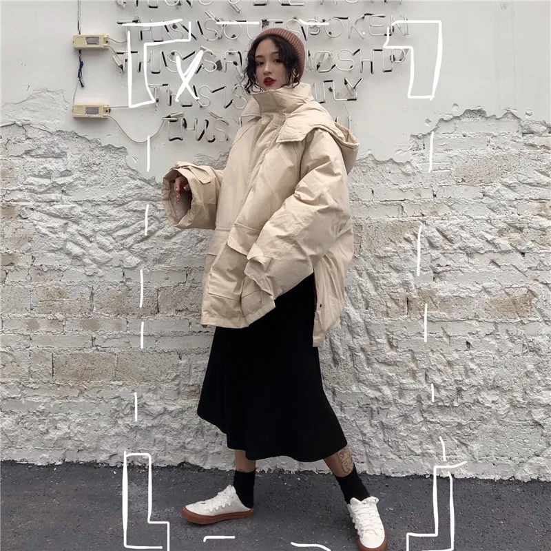 Ulzzang, свободный крой, весна и осень, с капюшоном, в студенческом стиле, BF, теплая, толстая, рабочая одежда, хлопок, пальто для студентов, женская мода