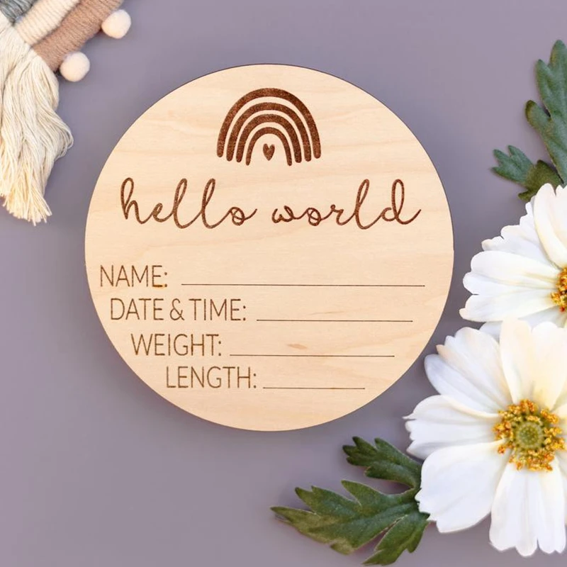 Arc-en-ciel Hello World pour annonce de naissance de bébé, panneau en bois  pour nouveau-né, accessoire photo