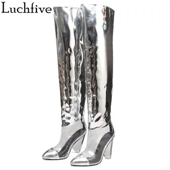 

Clear Spike High Heels Long Boots Sexy Pointy Toe Boots Femme Runaway Silver Black Shoes Woman Fashion Zipper Women Boots
