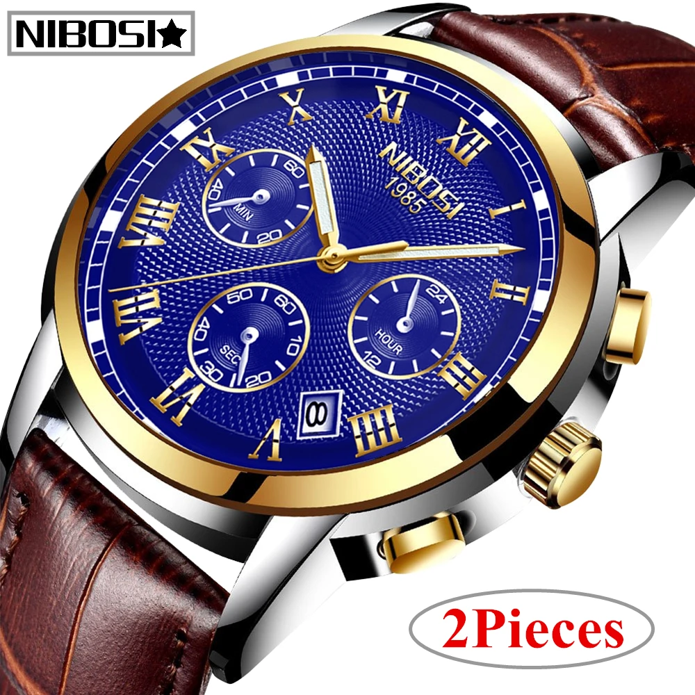 

2Pcs NIBOSI Mens Watches Luxury Brand Auto Date Chronograph Quartz Watch Men Gold Casual Sport Military Watch Relogio Masculino