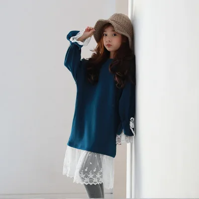 Новая детская одежда для детей 5-11 лет осенне-зимнее корейское утепленное платье из флиса с вышивкой и кружевом для девочек