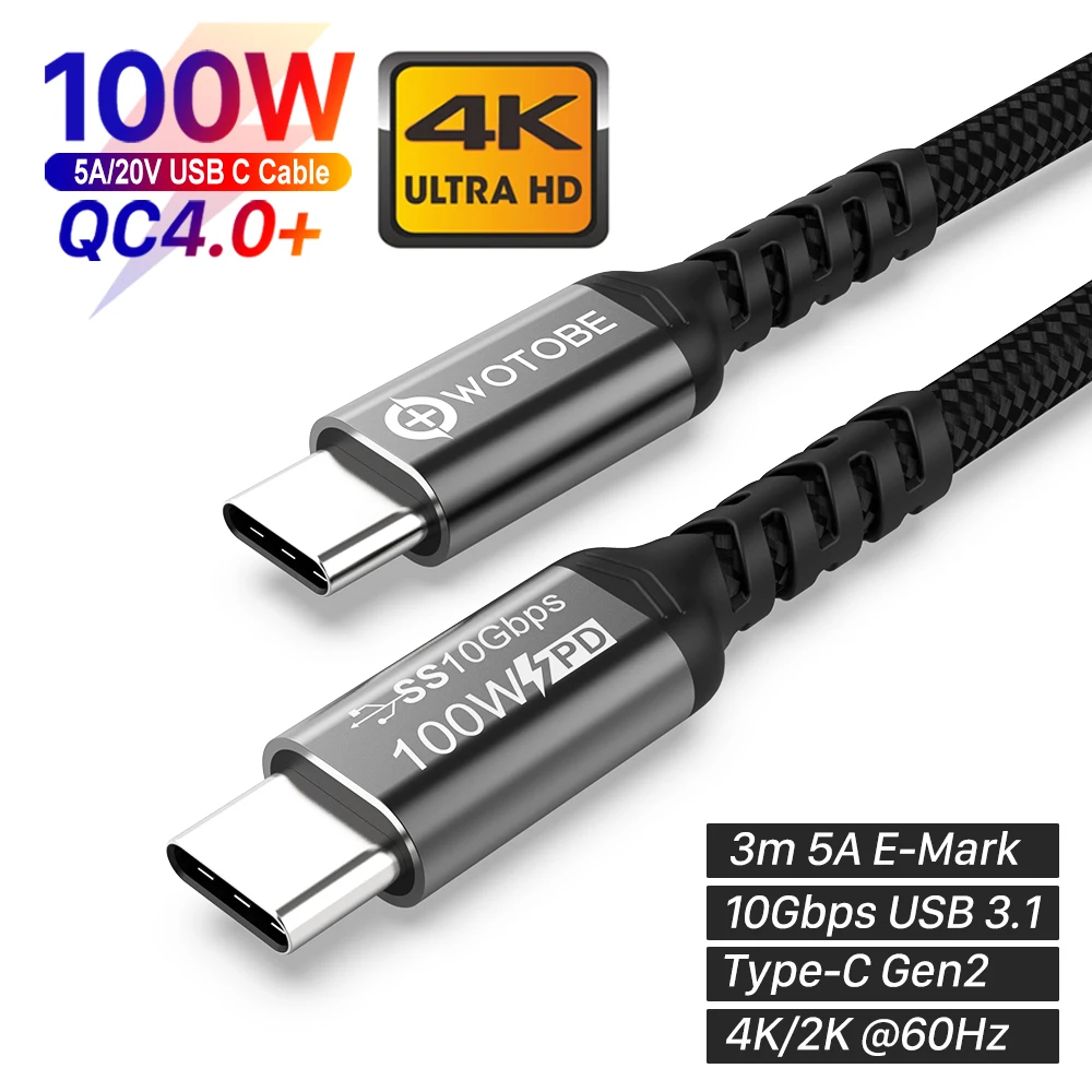 2 in 1 USB C to USB C Cable 5A E-MARK PD100W USB 3.1 Gen2 10Gbps 4K 60Hz  Video Nylon weaving alloy Power Line for laptops