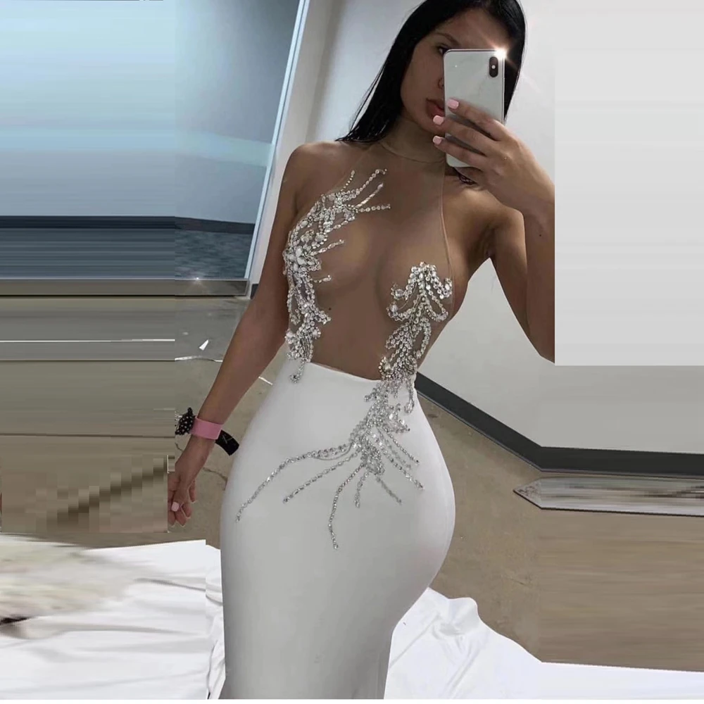 

2019 Summer Women White Black Bodycon Sleeveless Mesh Beading Bandage Dress Mid Calf Vestidos Celebrity Party Wholesale