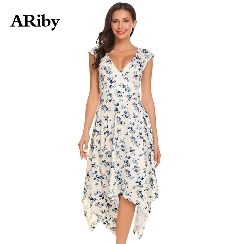 

ARiby Women Summer V-Neck Dress 2019 Fashion Bohemian Temperament Sleeveless Tank Printed Irregular Mid-Calf Dress Vestidos
