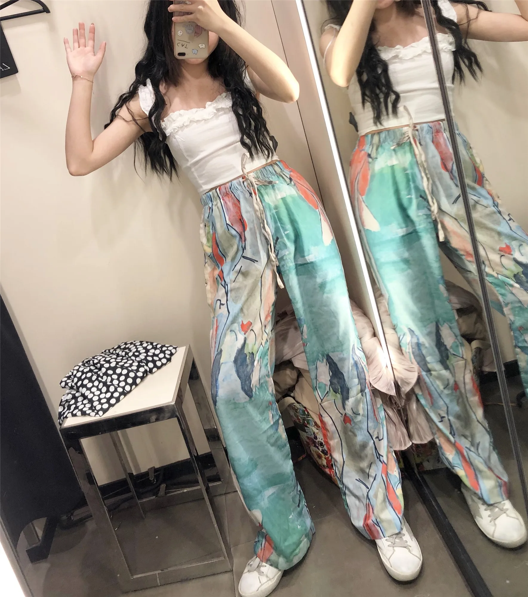 CHEERART Watercolor Print Wide Leg Pants Women Summer Trousers Loose High Waist Drawstring Pants Fashion Streetwear Trendy