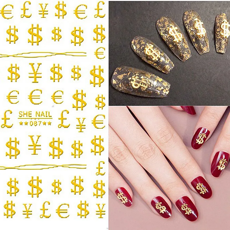 

2 Sheets/lot Self-adhesive Gold Metal-Look Currency Symbol Line Graphic Pattern Nail Art Stickers Decorations Manicure DIY SHE#