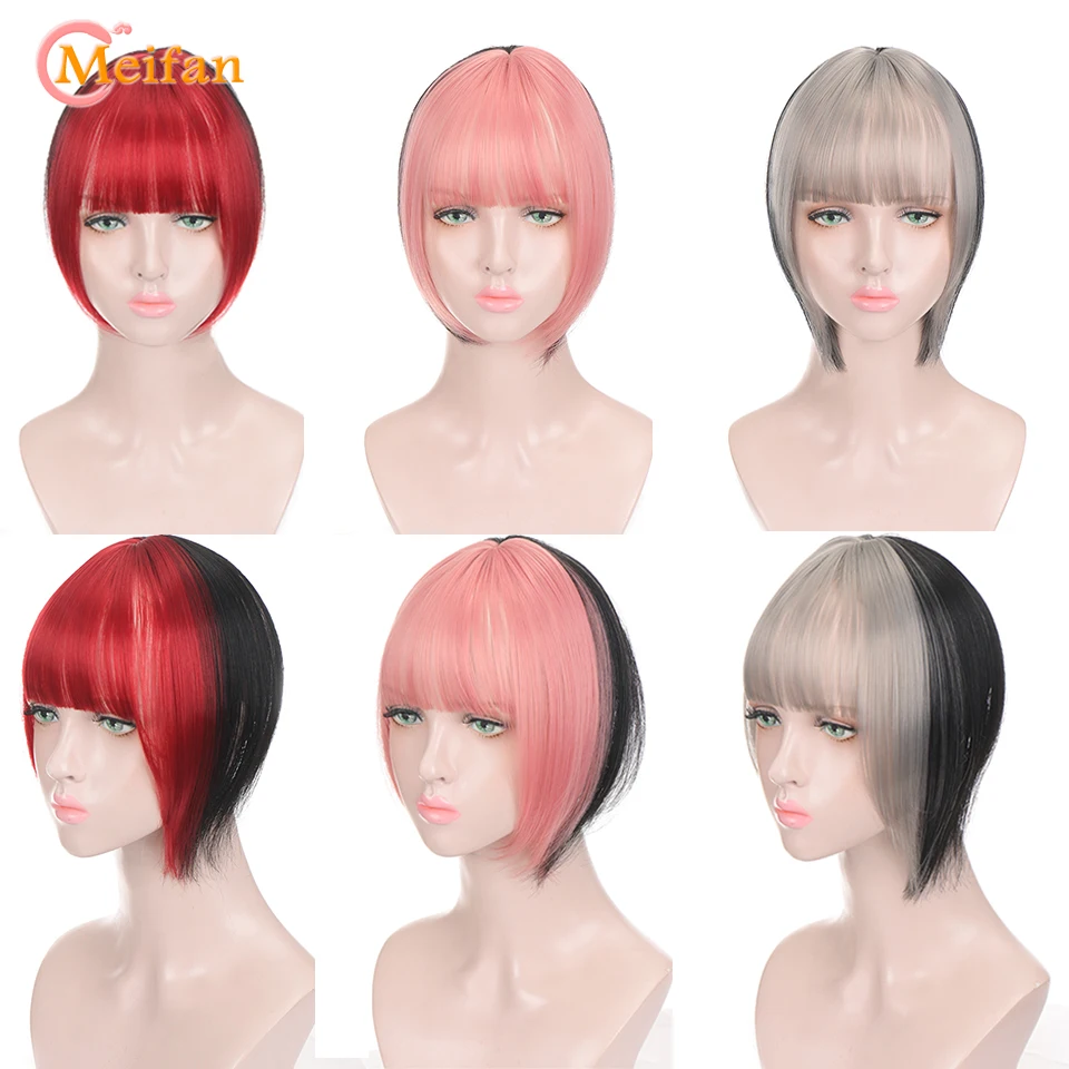 MEIFAN Black Match Red Pink Bangs Top Hair Pieces with Air Bangs Clip in Hair Fringe Invisible Seamless Synthetic Natural Bangs