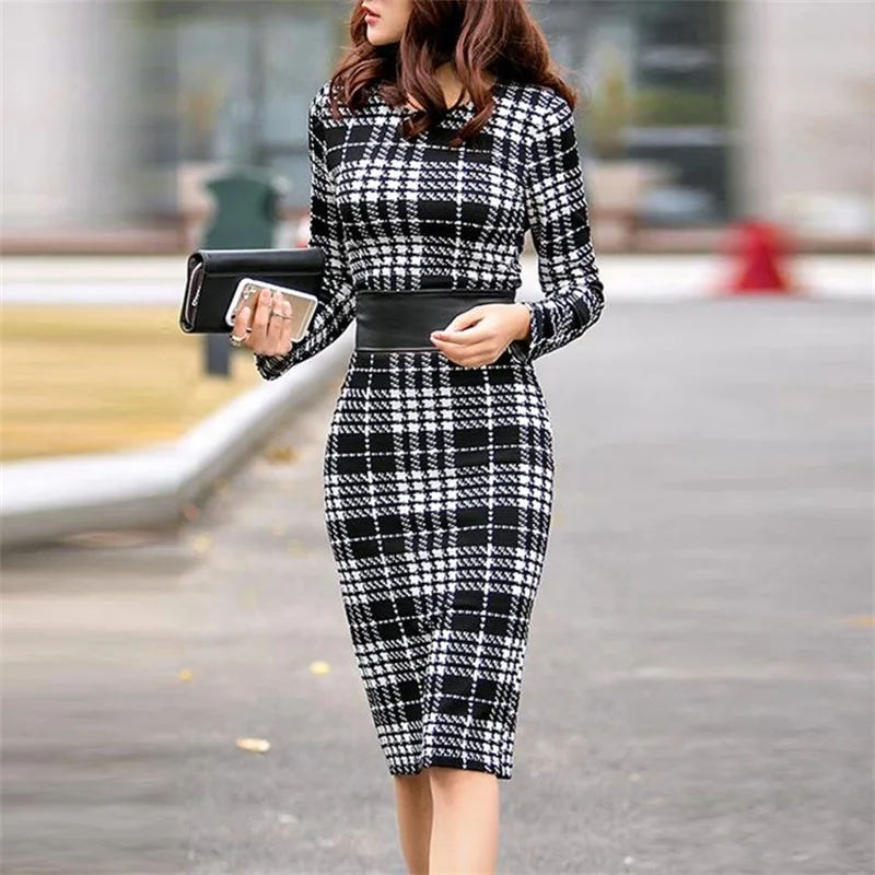 Women's Office Dress 2019 Office Lady Work Wear Plaid Women Bodycon Dress Long Sleeve Work Business Midi Dress Women Dresses