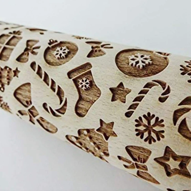 

Christmas Wooden 3D Rolling Pins, Embossing Rolling Pin with Engraved Christmas Themed Symbols for Baking Embossed Cookies,Rolli