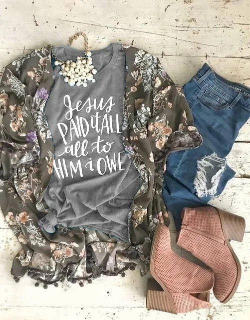 Jesus Paid It All To Him I Owe Christian T Shirt Women Cute Scripture Easter Tee Tops-J032 | Женская одежда