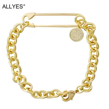 

ALLYES Gold Color Link Chain Bracelet for Women Safety Pins Round Coin Pendant Charm Bracelets Ladies Fashion Jewelry