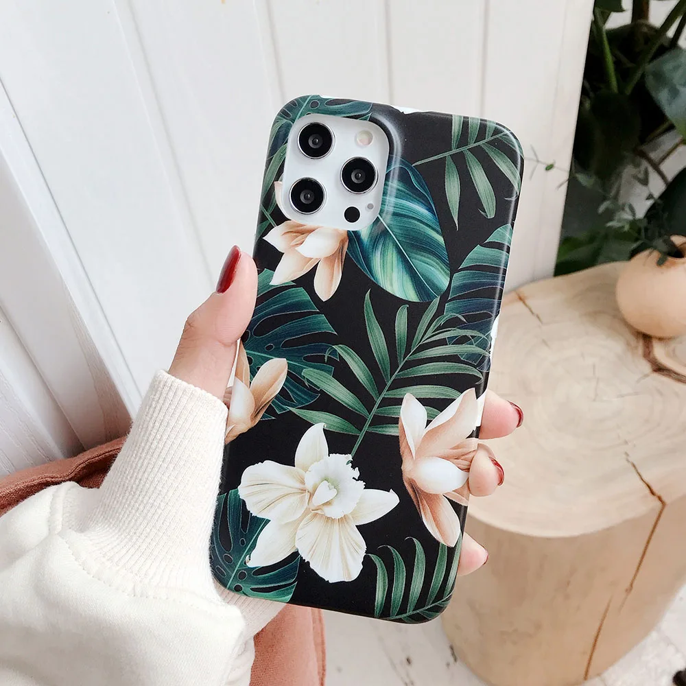 Matte Floral Case For iPhone 12 mini 11 Pro Max XR XS Max X 7 Plus 8 Plus Soft TPU Tropical Leaf Flowers Girl Phone Cases Cover