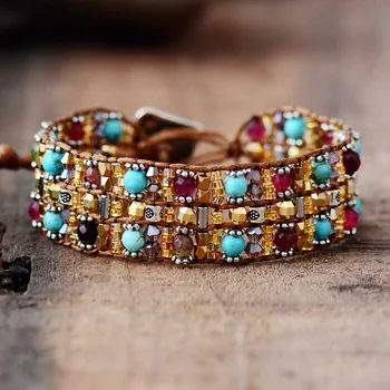 Boho Bracelets High End Natural Stones Wax Cord Wrap Bracelet Semi Precious Stone Beaded Cuff Bracelet Fashion Jewelry Dropship