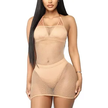 

Women Sexy See-through Bikini Cover Up New Off Shoulder Sequins Mini Dress Mesh Fishnet Bodycon Ultrathin Slim Beach Covers Up