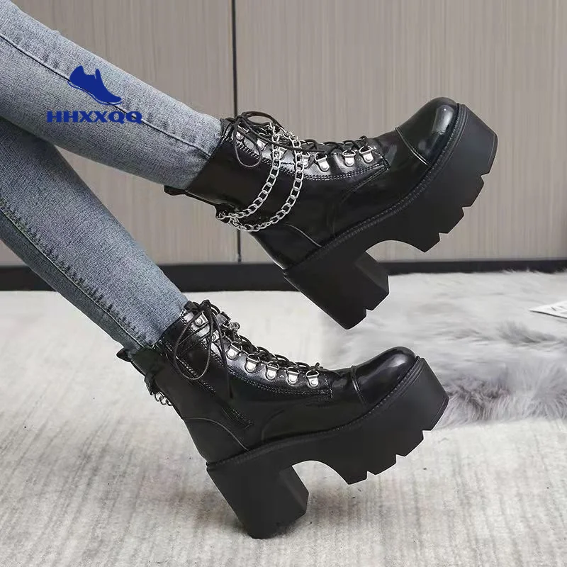 Winter Gothic Punk Womens Platform Boots Black Buckle Strap Zipper Creeper Wedges Shoes Mid Calf Military Combat Women | Обувь