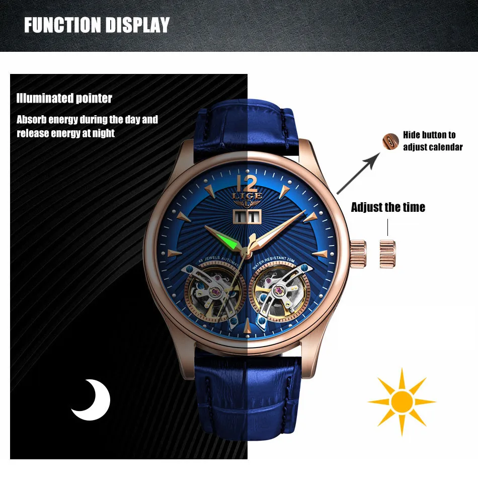 Новинка, LIGE, синие кожаные часы для мужчин, двойные Tourbillon, механические мужские часы, Топ бренд, Роскошные автоматические часы, мужские часы+ коробка