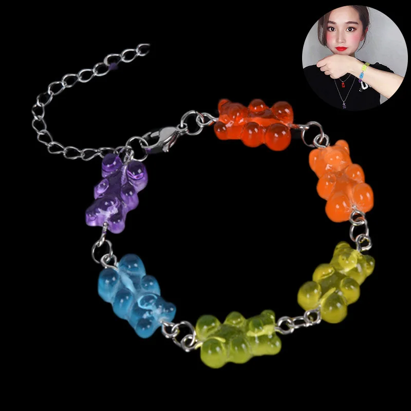 1pcs Stainless Steel Cute Handmade Cartoon Bear Bracelet, Candy Color Pendant For For