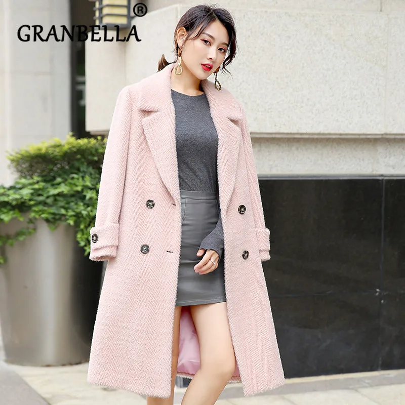 

Top quality mink velvet women cashmere blend Fashion Medium long woolen coat pink sweety Female Warm Slim Overcoat